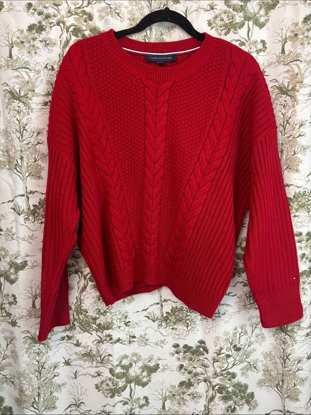 Tommy Hilfiger Bright Red Cable Knit Crewneck Sweater